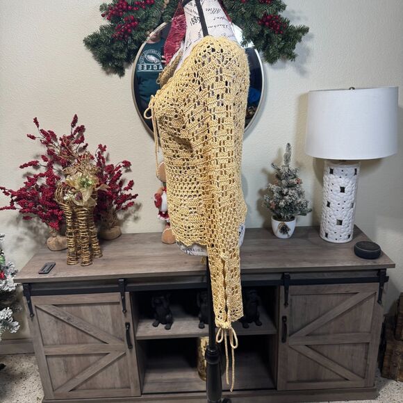 Vintage Crochet Tie Front Sweater Size M Bell Sleeve Y2k Boho Indie Festival - Picture 5 of 9